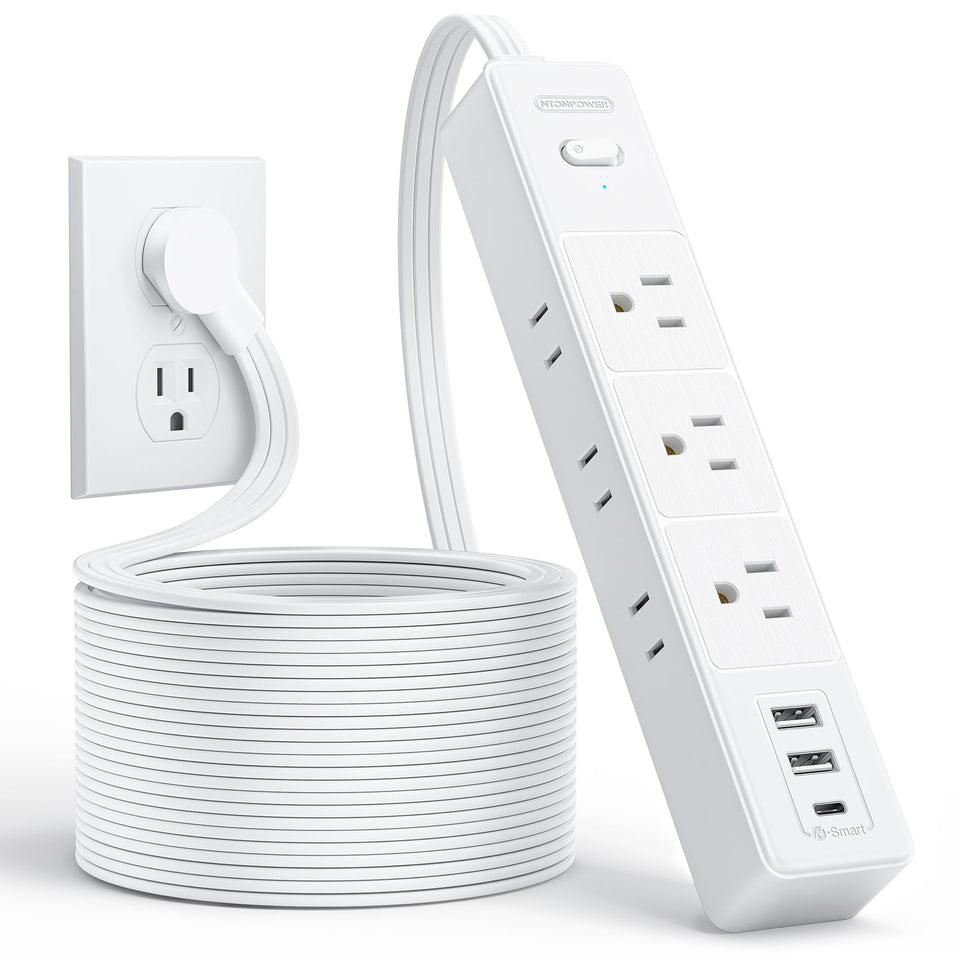 NTONPOWER flat extension cord stretches to reach distant outlets for a tidy workspace.