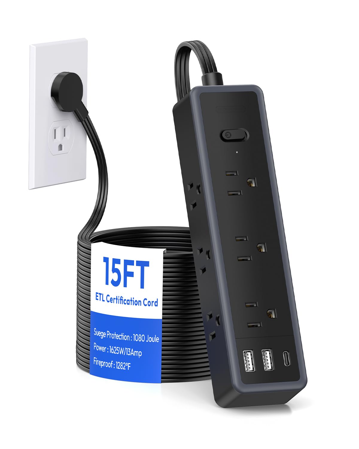 NTONPOWER flat extension cord 15ft with slim profile for clutter-free desks.