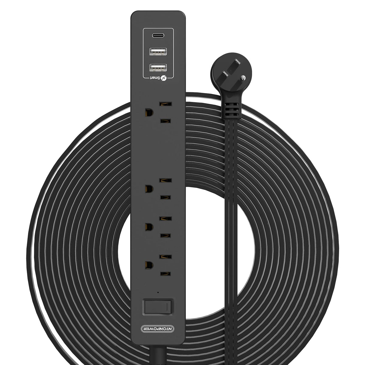 NTONPOWER front view showing four outlets and three USB ports for flexible charging