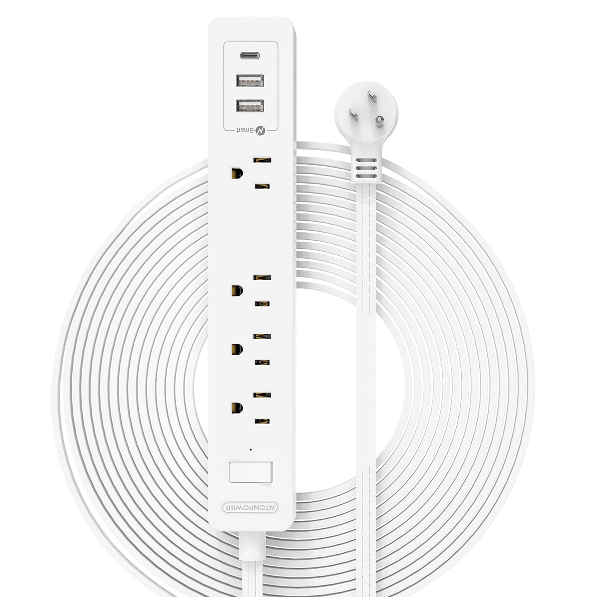 NTONPOWER front view of power strip showing outlets and USB ports for compact charging