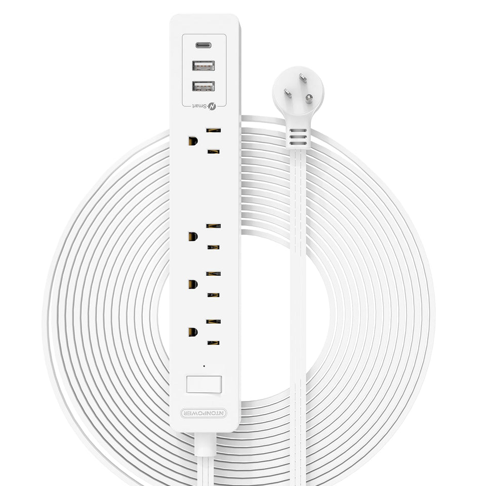 NTONPOWER front view of power strip showing outlets and USB ports for compact charging