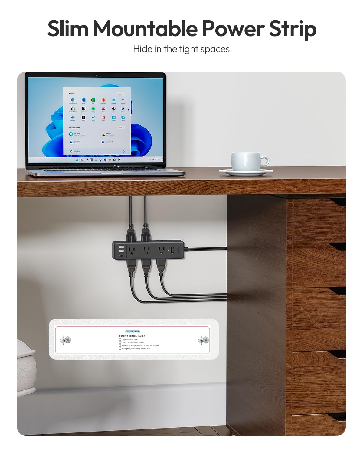 NTONPOWER flat plug at 45-degree angle fits tight spaces behind sofa and bed.