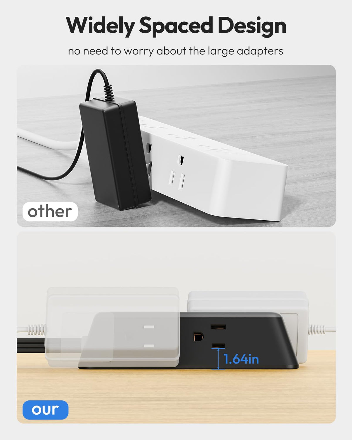NTONPOWER flat 45-degree plug angled to save space and stay close to wall