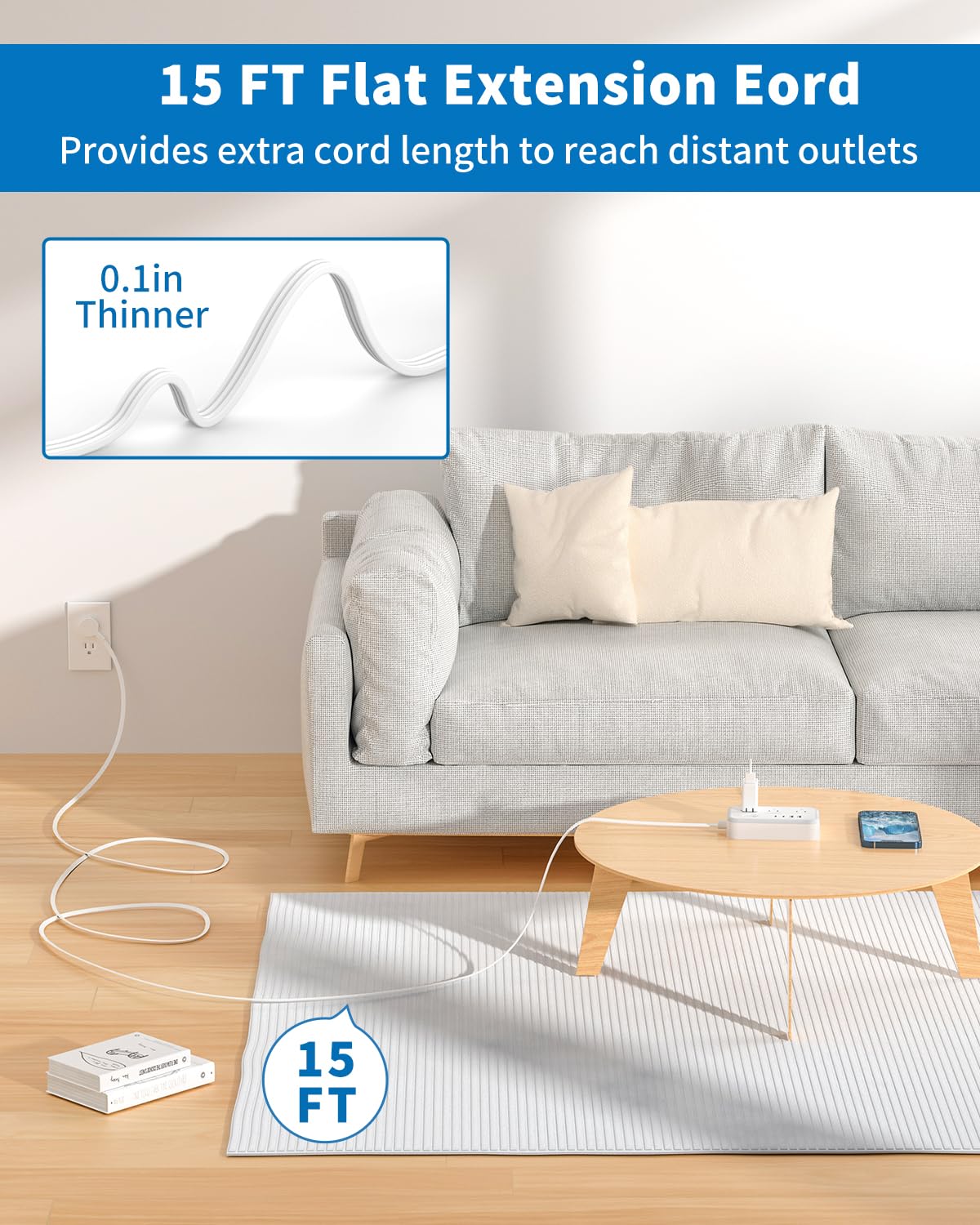 NTONPOWER close-up of ultra-slim 0.35 inch flat plug that saves space behind furniture