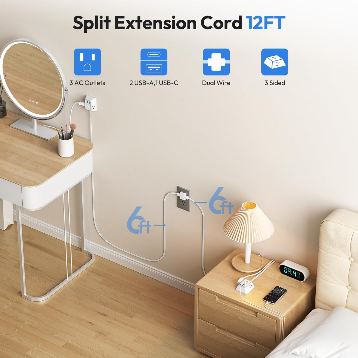 NTONPOWER flat plug close-up fitting flush to wall to save space behind furniture