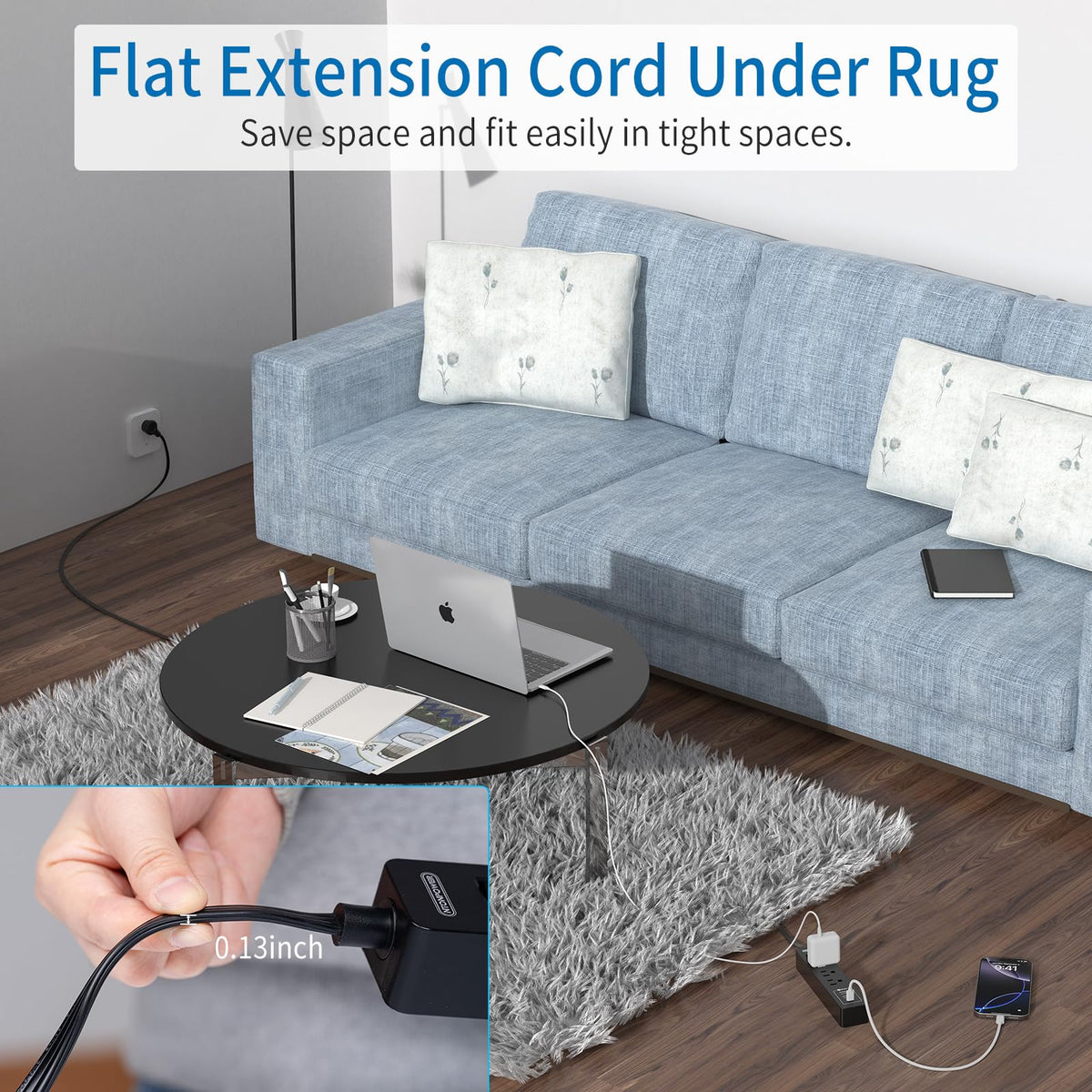 NTONPOWER close-up of flat plug that lets furniture sit flush against walls