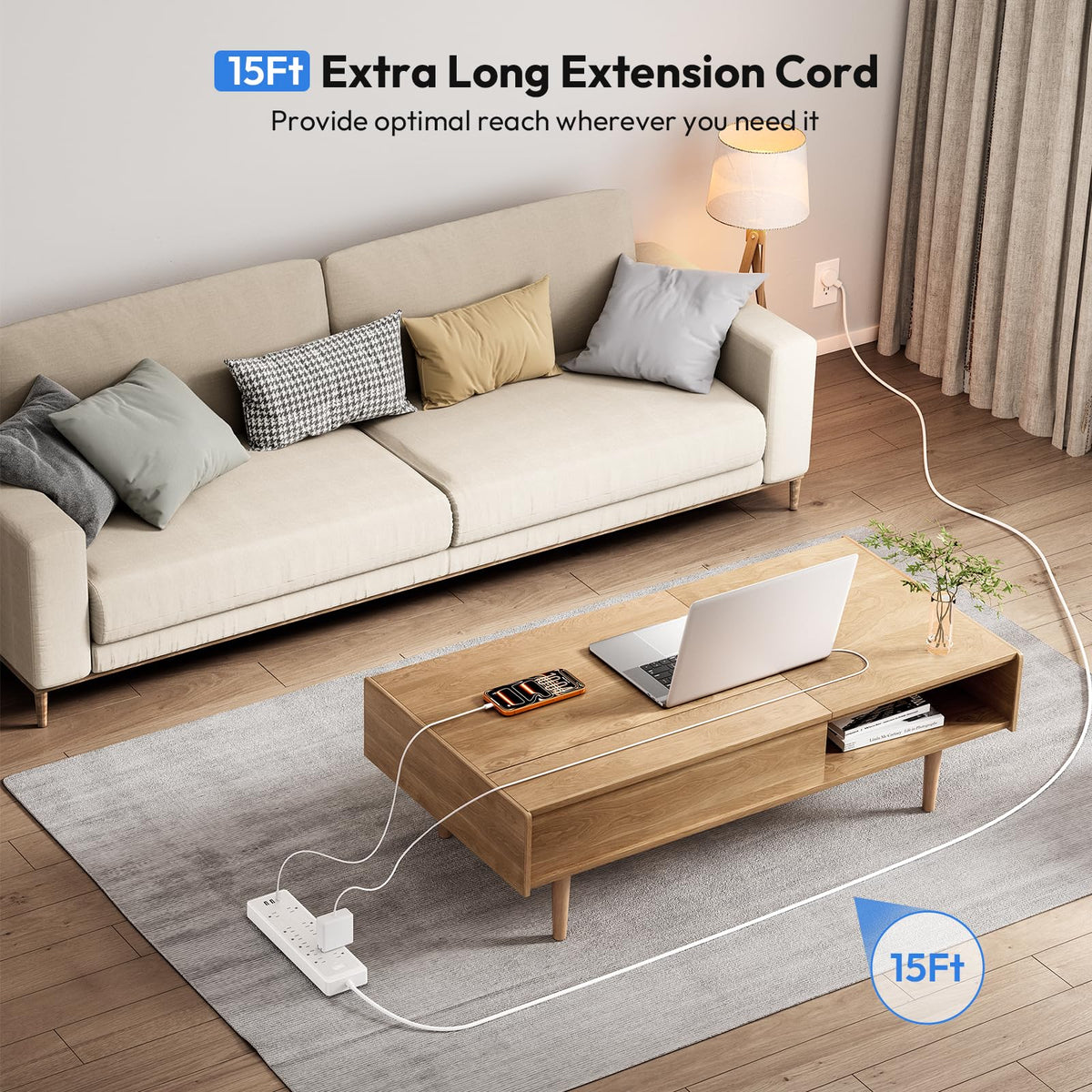 NTONPOWER flat plug and 15 ft cord detail enabling hidden outlet placement