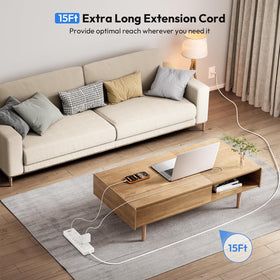 NTONPOWER flat plug and 15 ft cord detail enabling hidden outlet placement