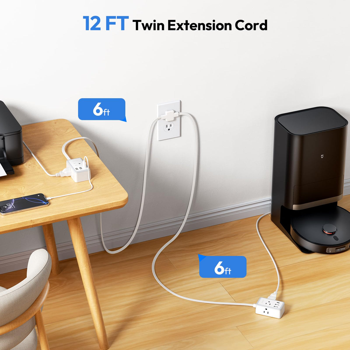 NTONPOWER ultra-thin flat plug tucked behind furniture for space-saving benefit