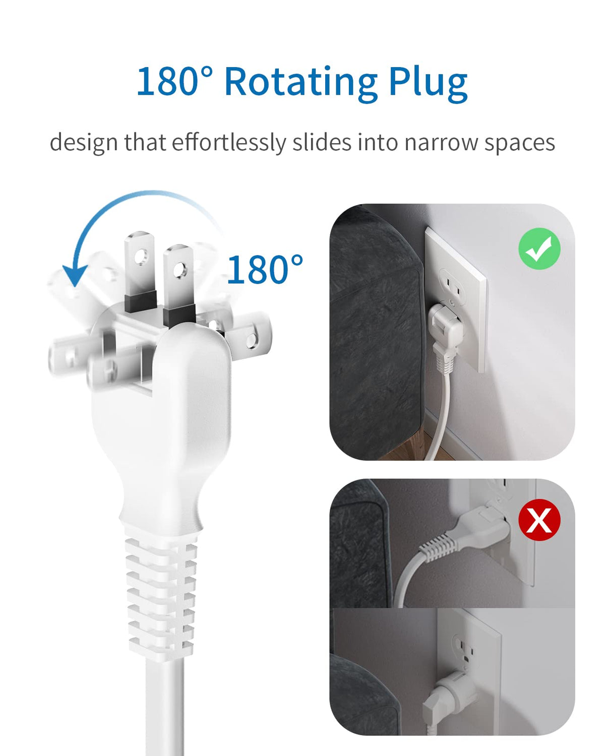 NTONPOWER flat plug detail illustrating low-profile fit behind furniture