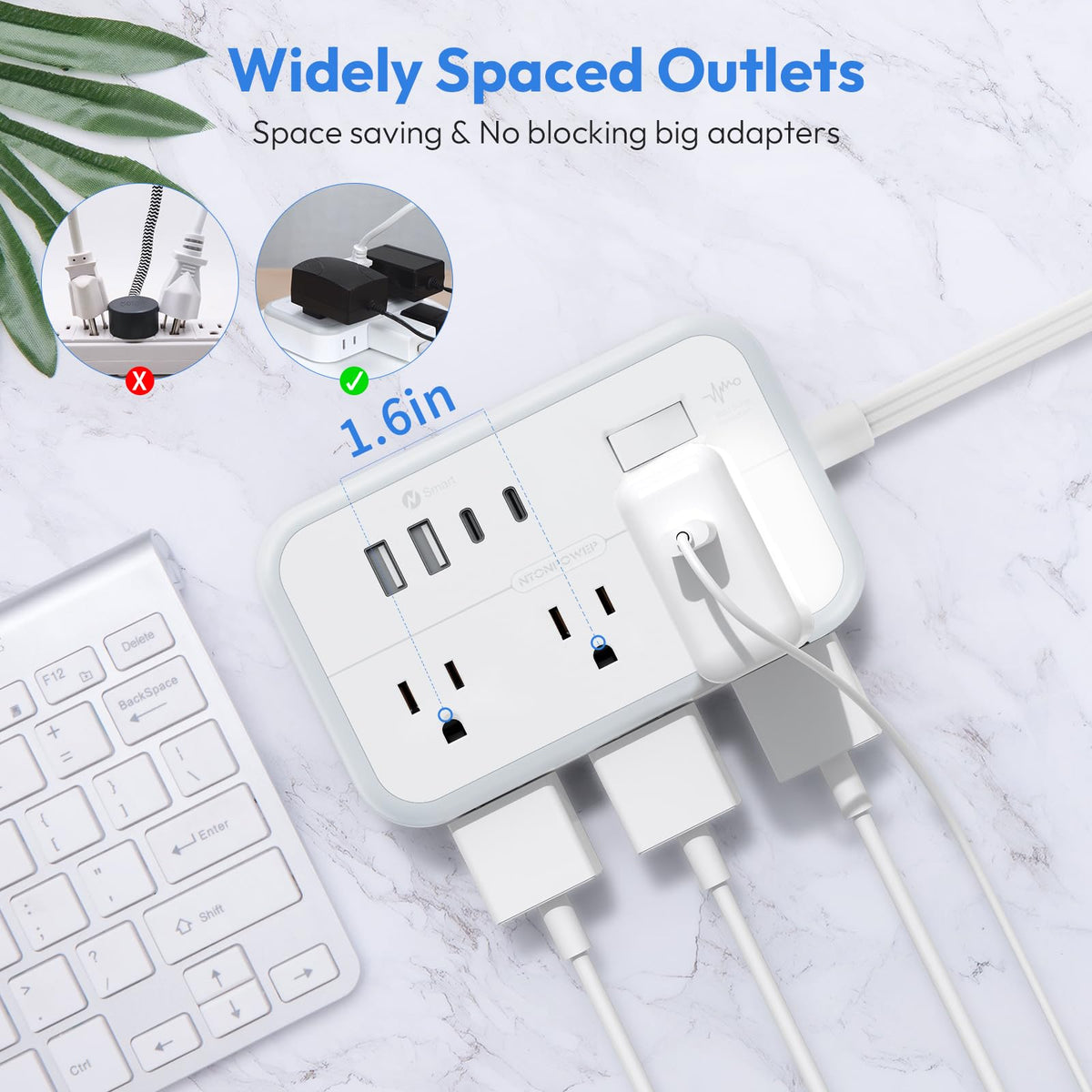 NTONPOWER flat plug extension cord 5ft saves space behind furniture.