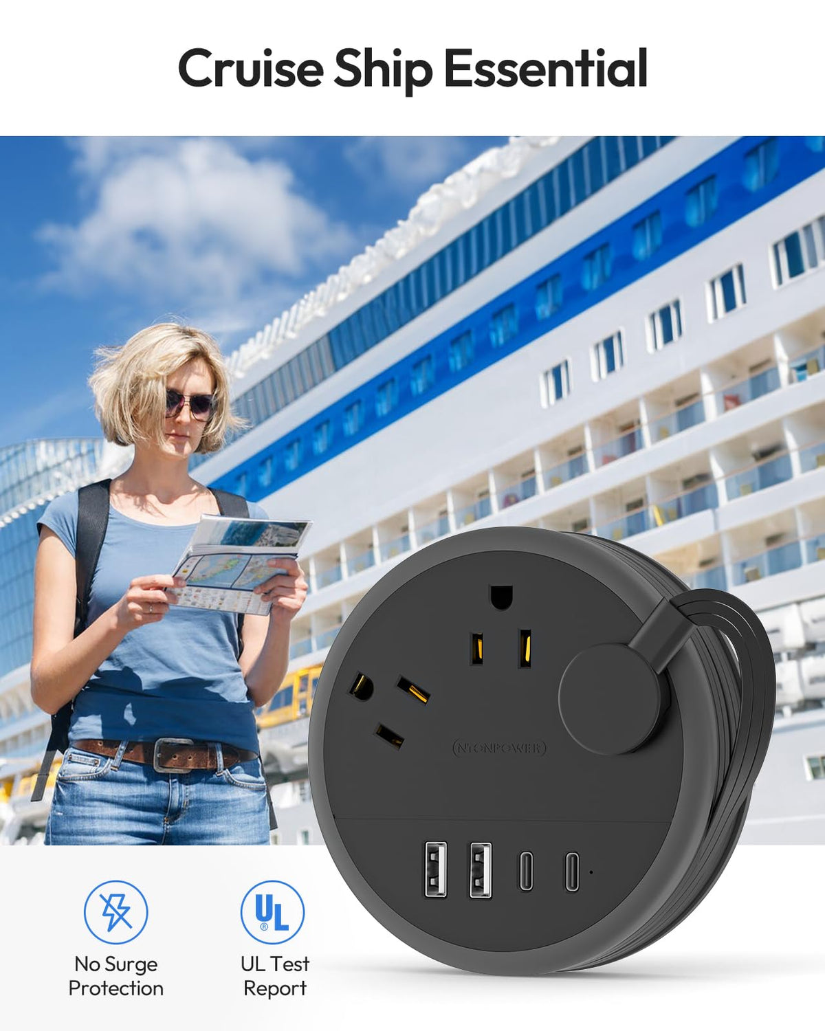 NTONPOWER travel power strip with seven-device support for busy journeys