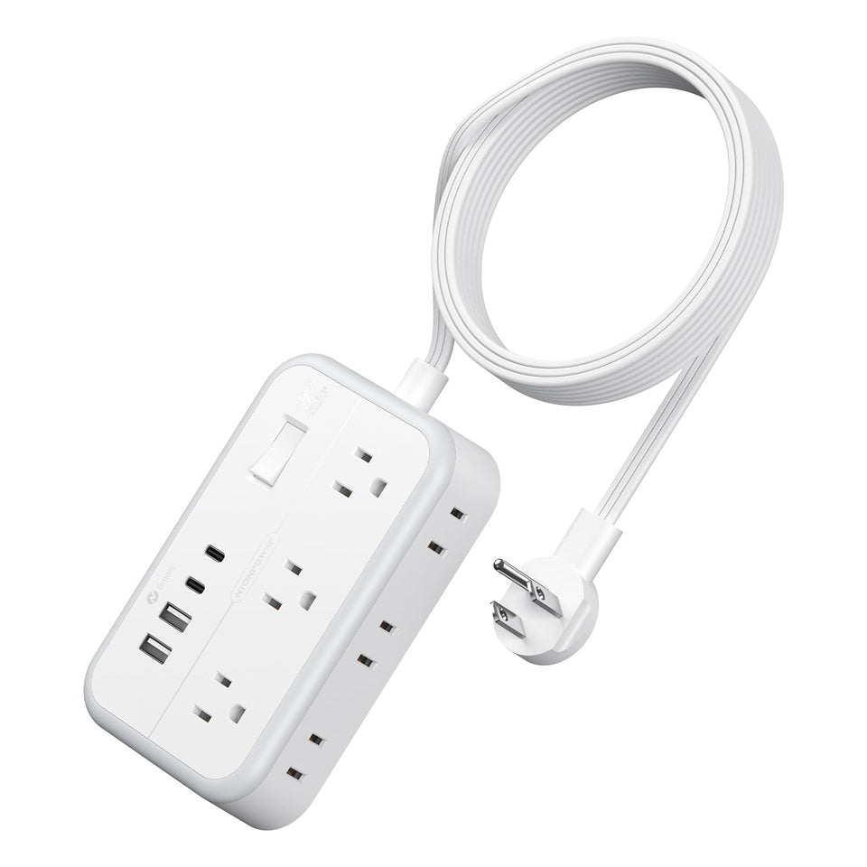 NTONPOWER flat plug front view showing slim profile and space saving