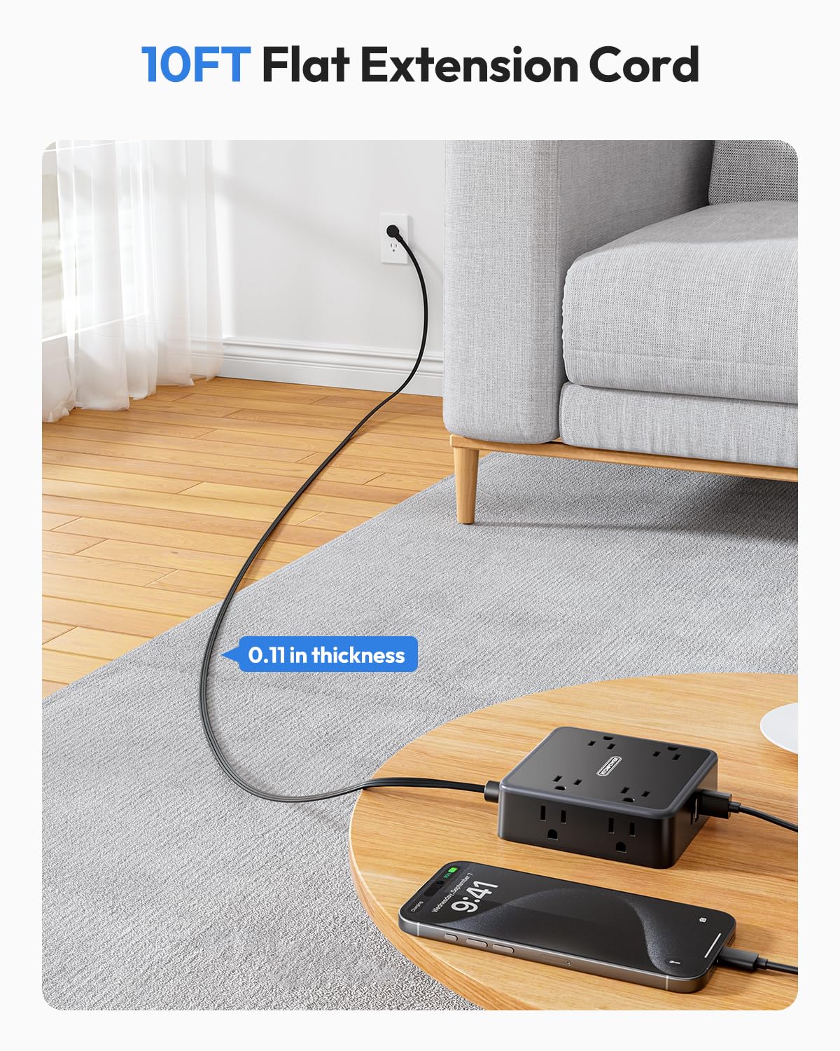 NTONPOWER flat plug tucked behind furniture demonstrating low-profile cord routing benefit