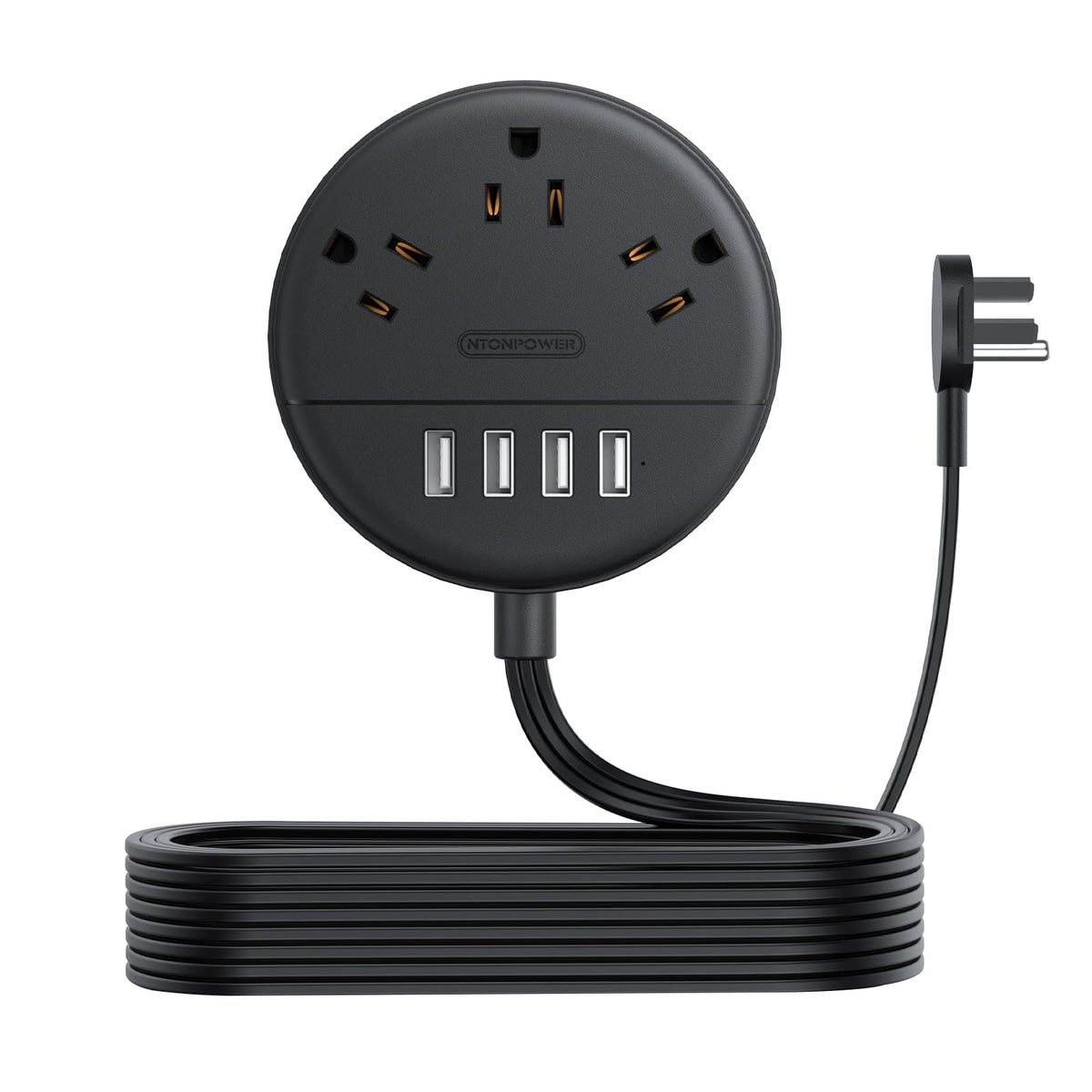 NTONPOWER flat plug power strip with 10ft cord showing space-saving design for behind furniture