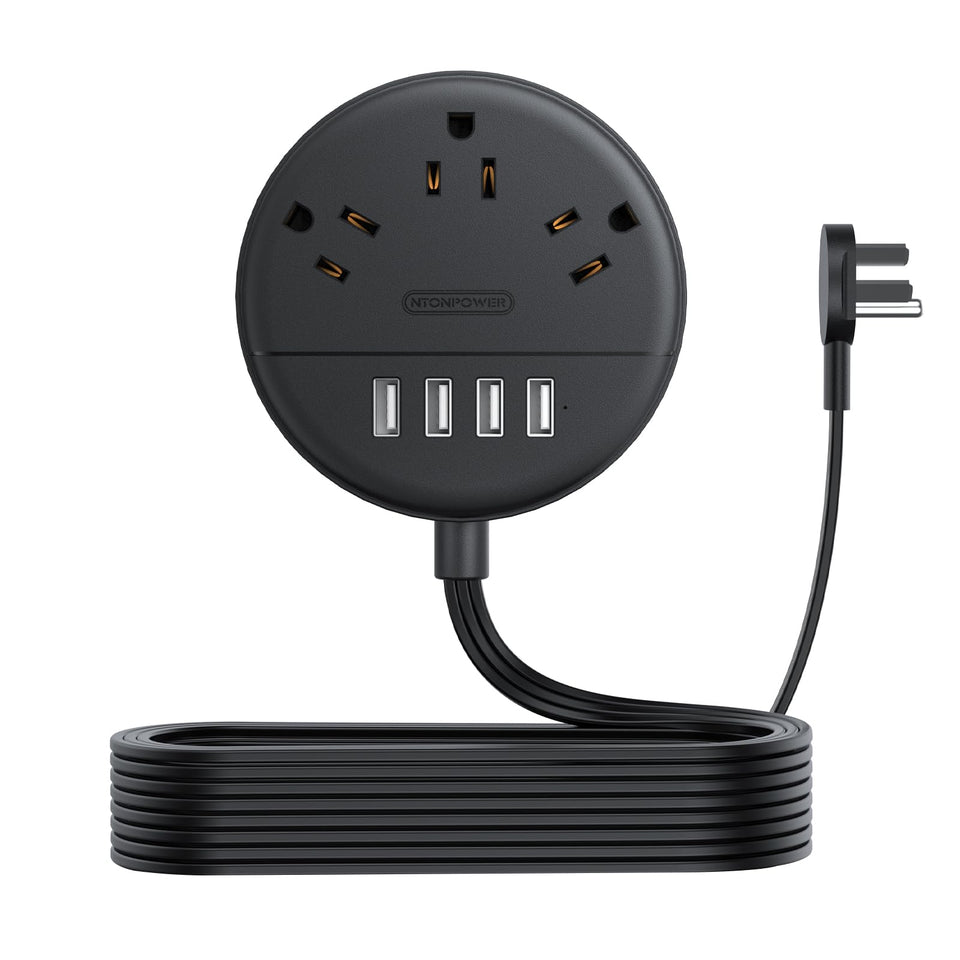 NTONPOWER flat plug power strip with 10ft cord showing space-saving design for behind furniture