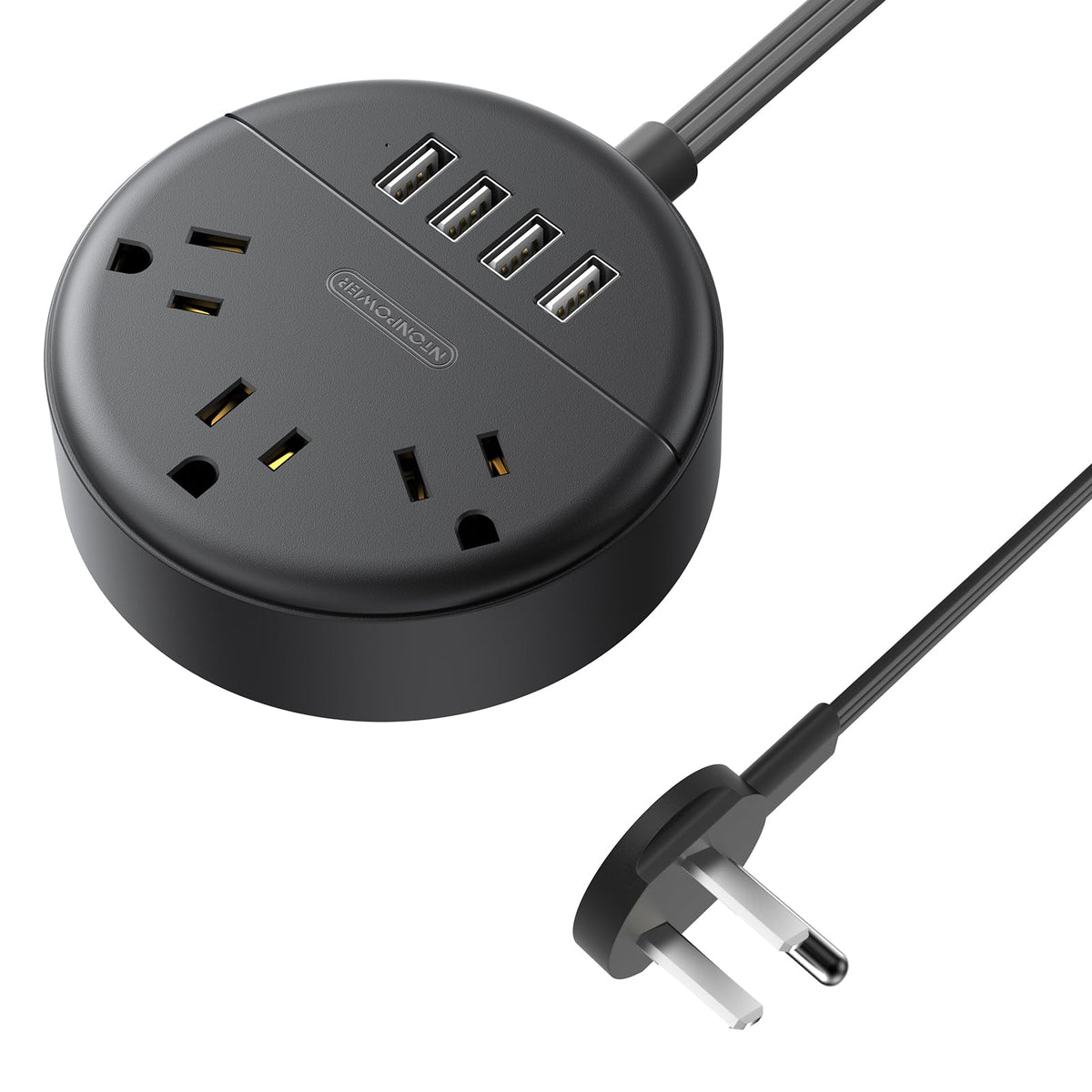 NTONPOWER flat-plug power strip with 5 ft reach, 3 outlets and 4 USB ports