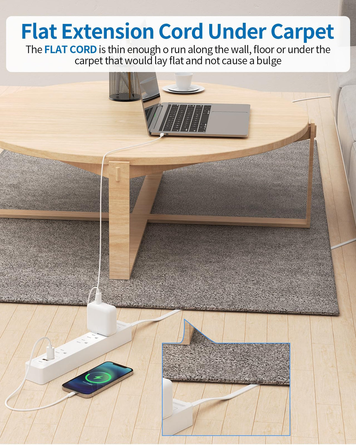 NTONPOWER flat plug tucked under baseboard enabling discreet cable routing