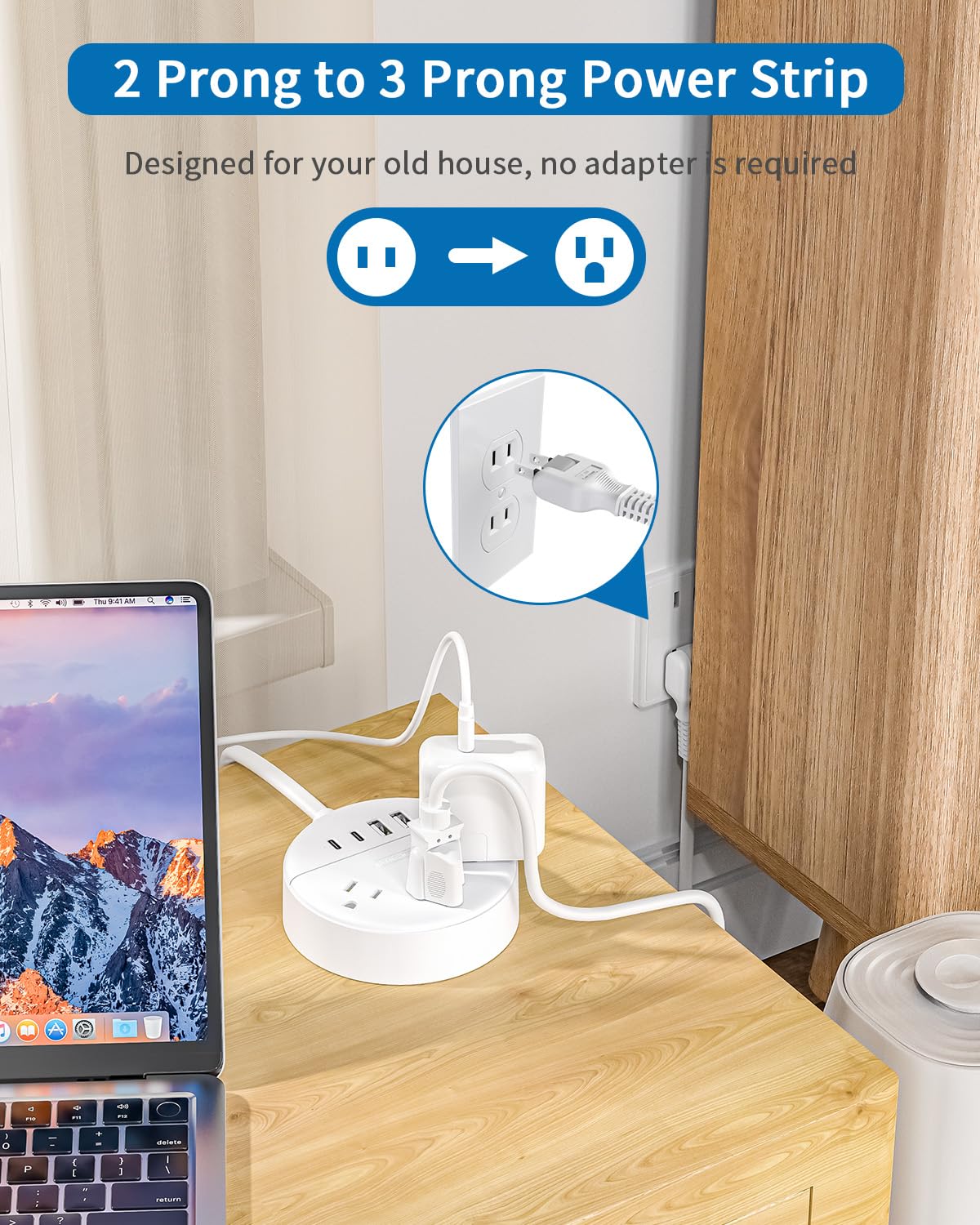 NTONPOWER flat right-angle plug designed to fit tight spaces beside furniture.