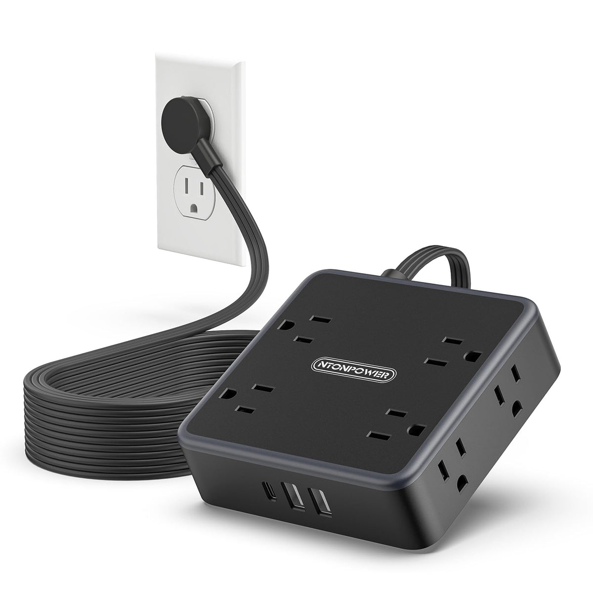 NTONPOWER front cube view showing 8 outlets and 3 USB ports for compact power