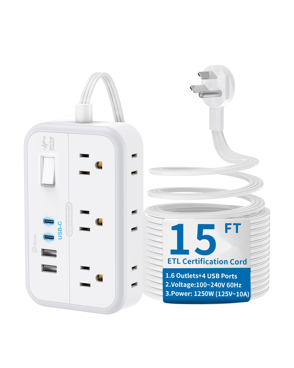 NTONPOWER front view of power strip showing six outlets and four USB ports for versatile charging
