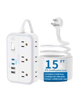 NTONPOWER front view of power strip showing six outlets and four USB ports for versatile charging