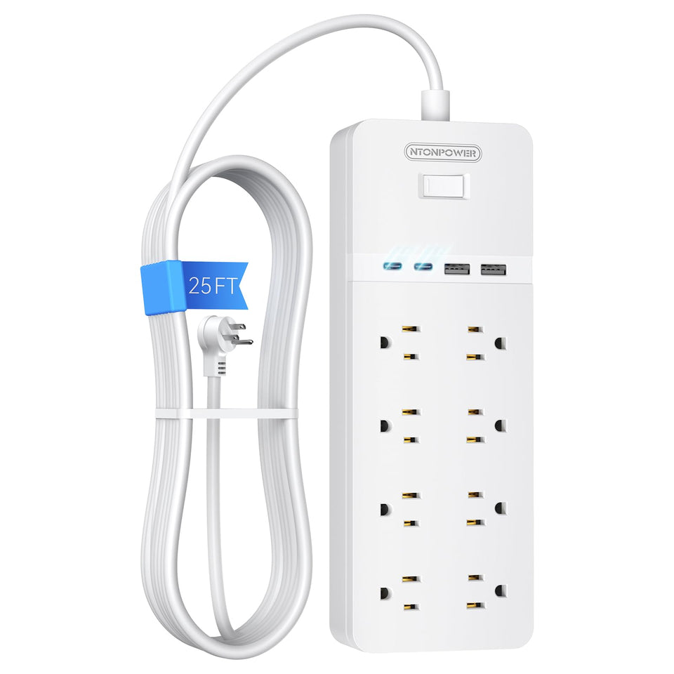 NTONPOWER front view showing 8 outlets and two USB ports for versatile charging