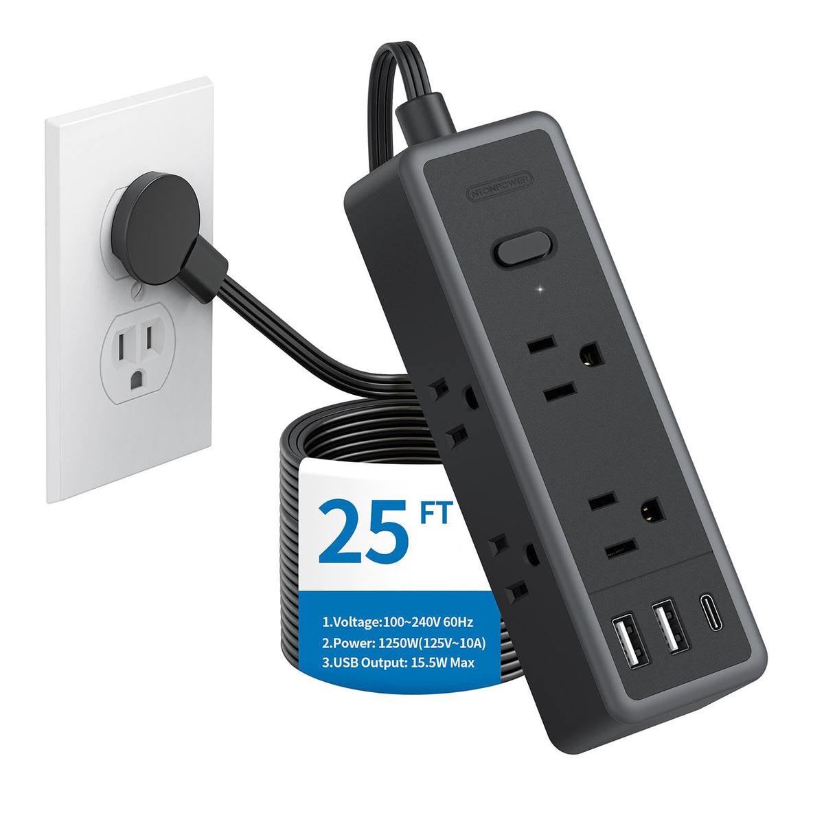 NTONPOWER front panel showing six outlets and power switch for organized charging