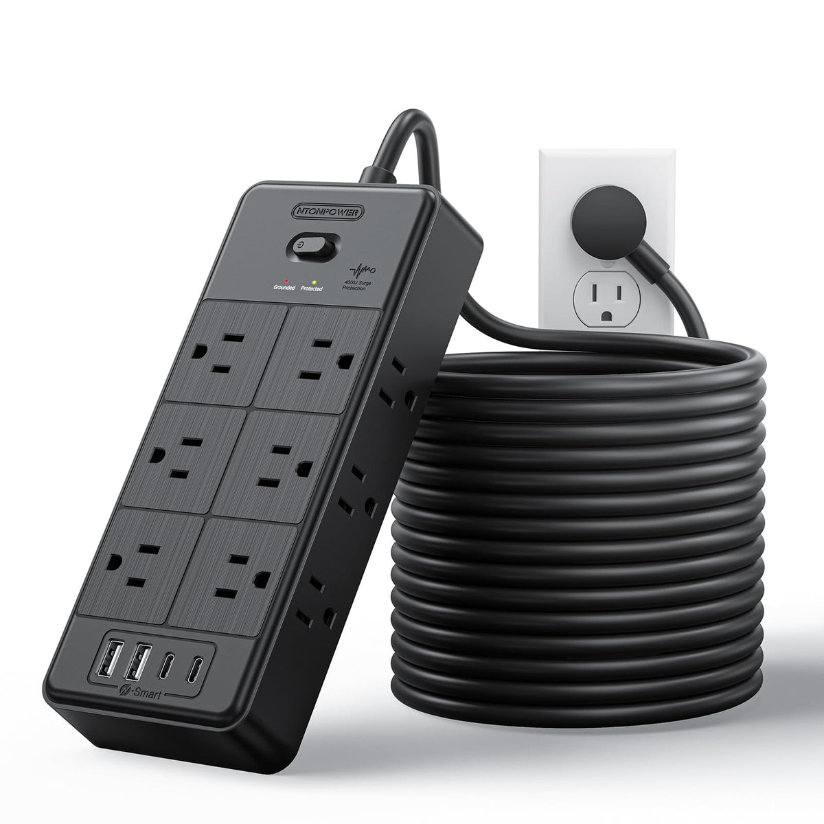 NTONPOWER front view showing 12 outlets and USB ports for versatile charging