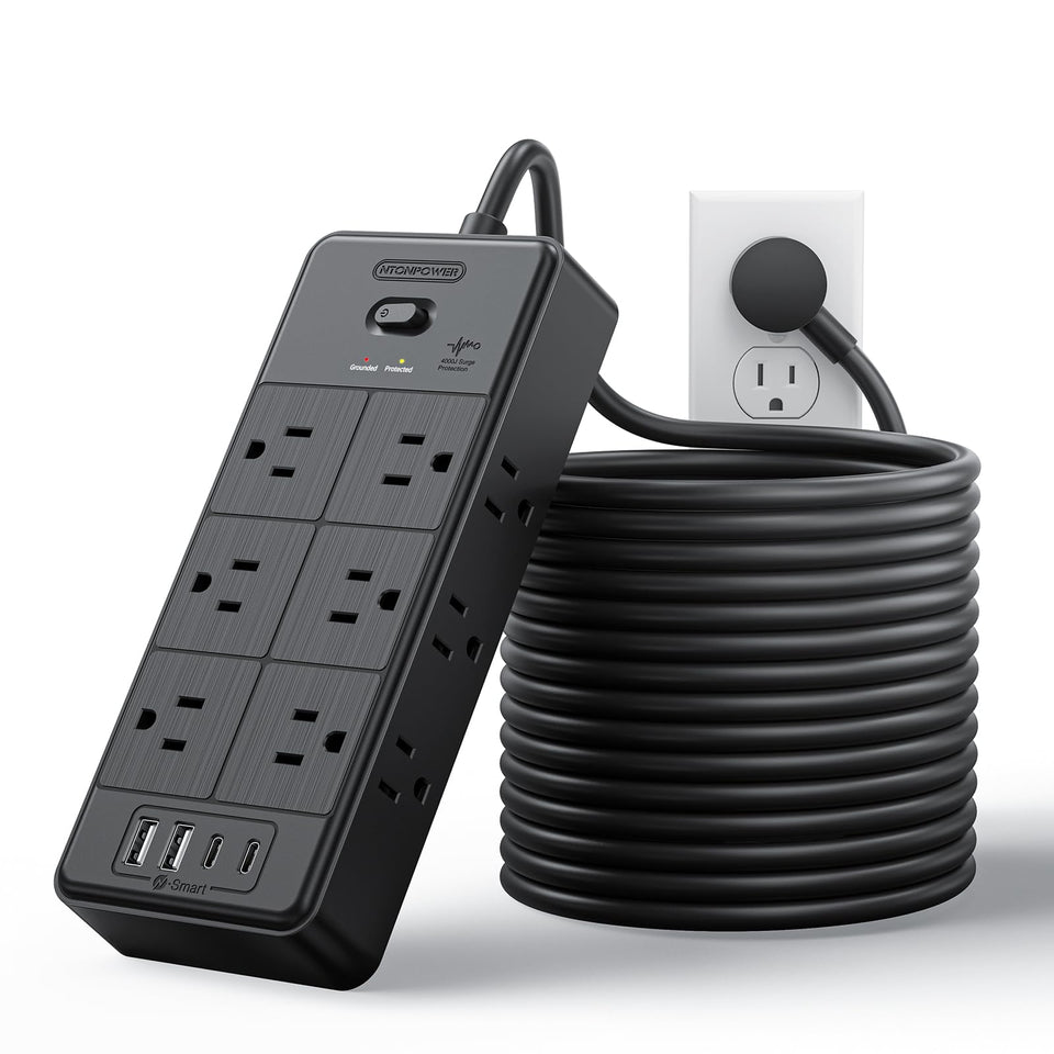 NTONPOWER front view showing 12 outlets and USB ports for versatile charging