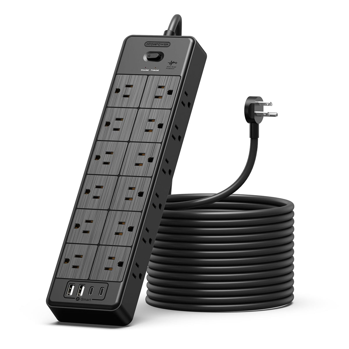 NTONPOWER front view showing 24 outlets and neat organization benefit