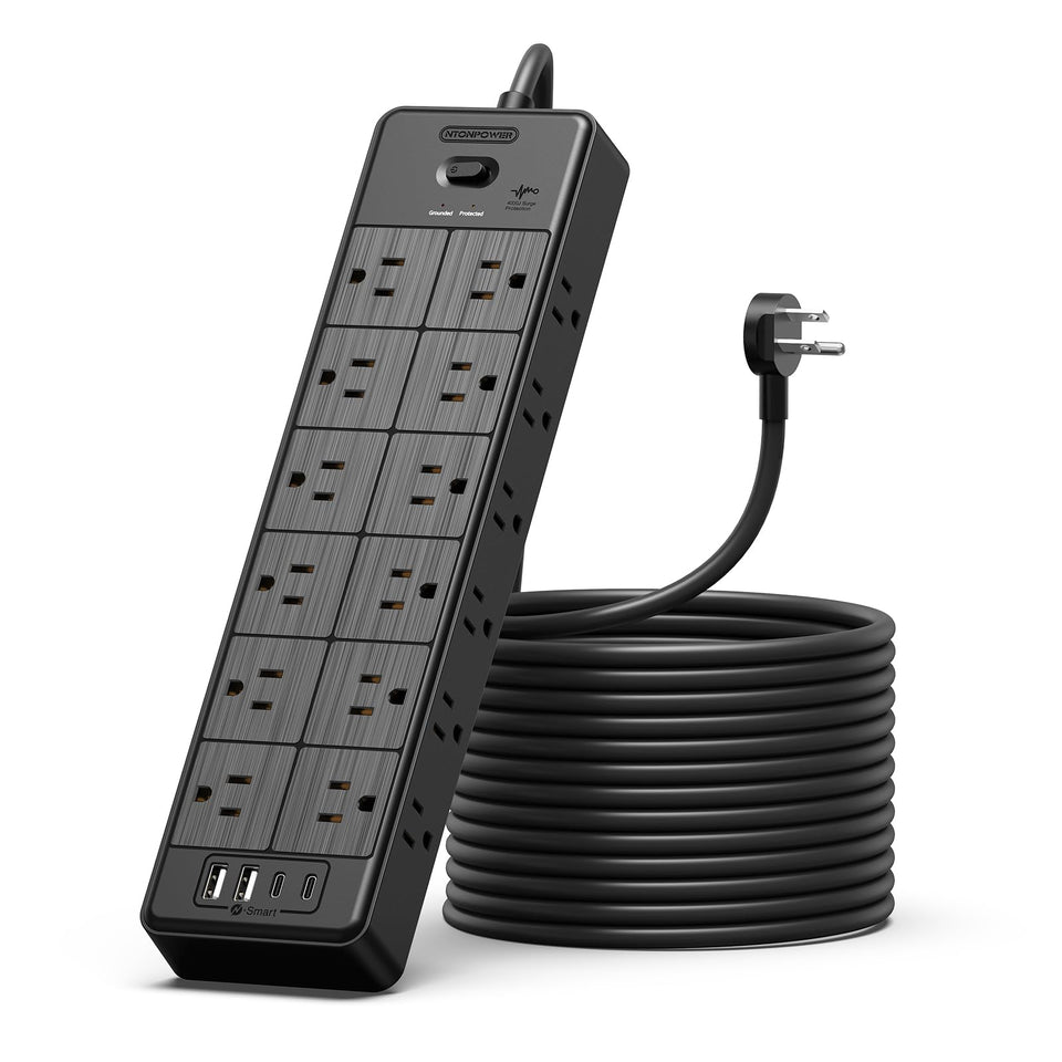 NTONPOWER front view showing 24 outlets and neat organization benefit
