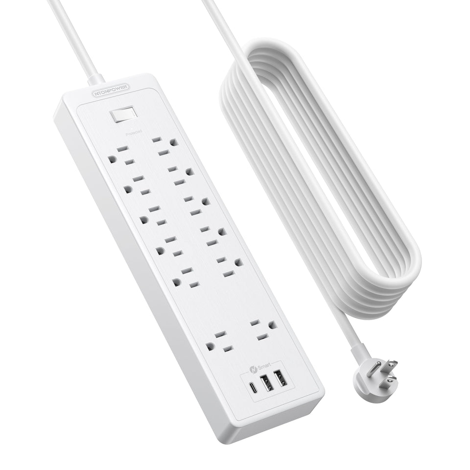 NTONPOWER front view showing all 12 outlets and three USB ports for expanded charging