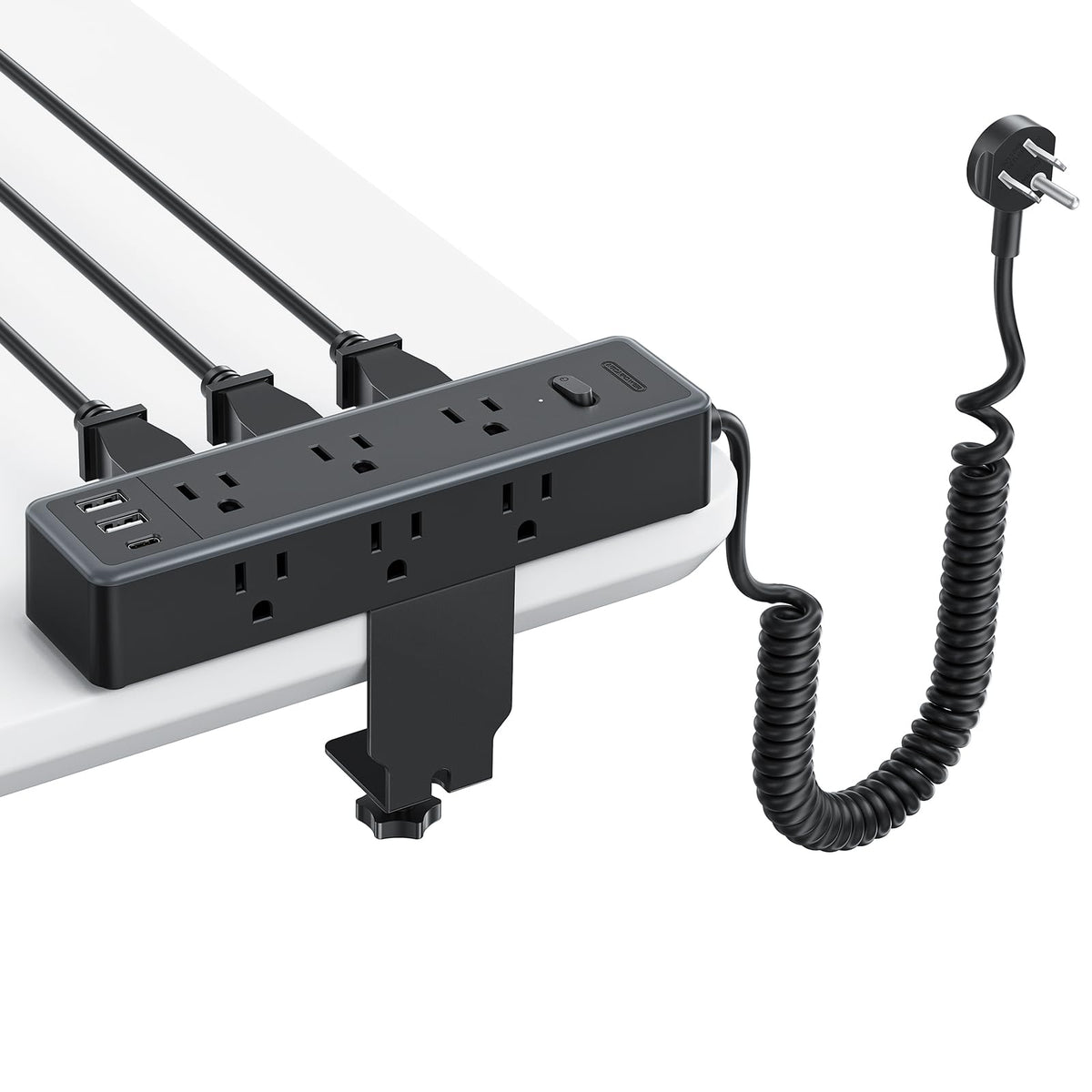 NTONPOWER front view clamped to desk edge showing tidy power access