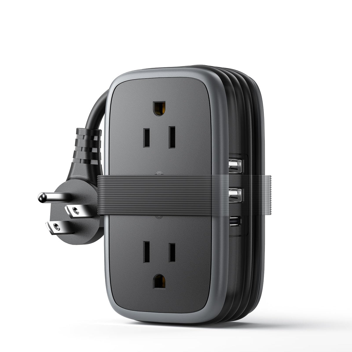 NTONPOWER front view showing compact power strip and multiple outlets for travel convenience