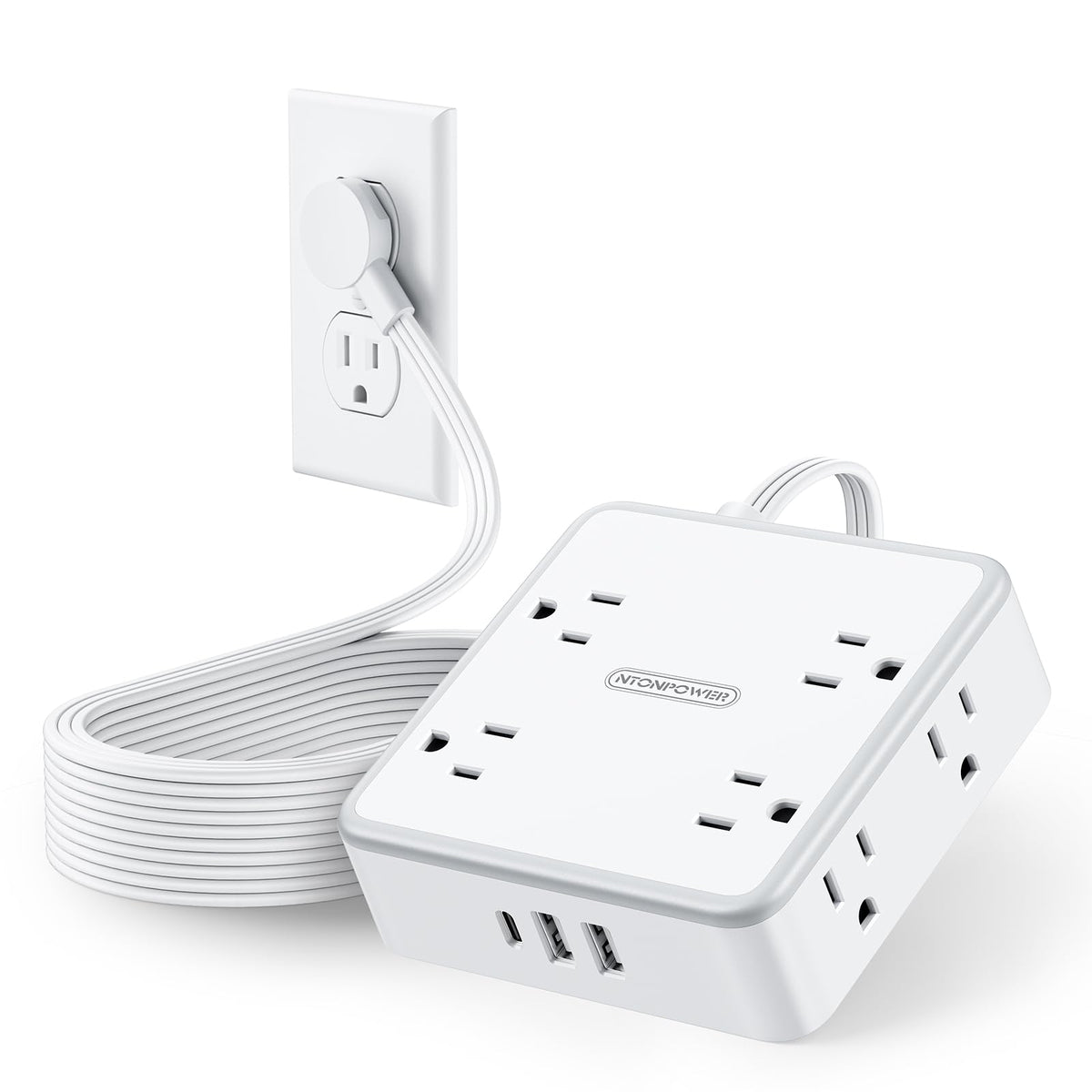 NTONPOWER front view of cube power block showing 8 outlets and 3 USBs for organized charging