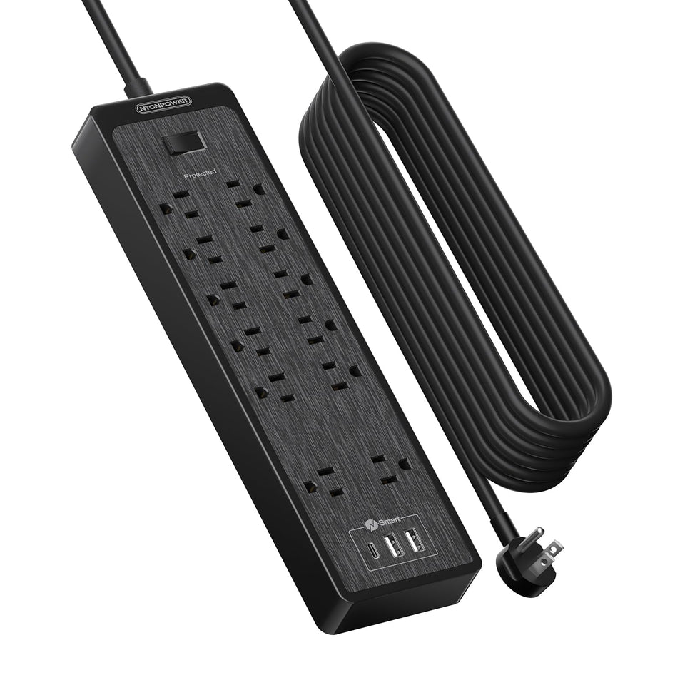 NTONPOWER front view showing 12 outlets and 3 USB ports for convenient charging