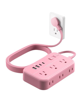 NTONPOWER front view pink power strip showing outlets and USB ports, tidy charging