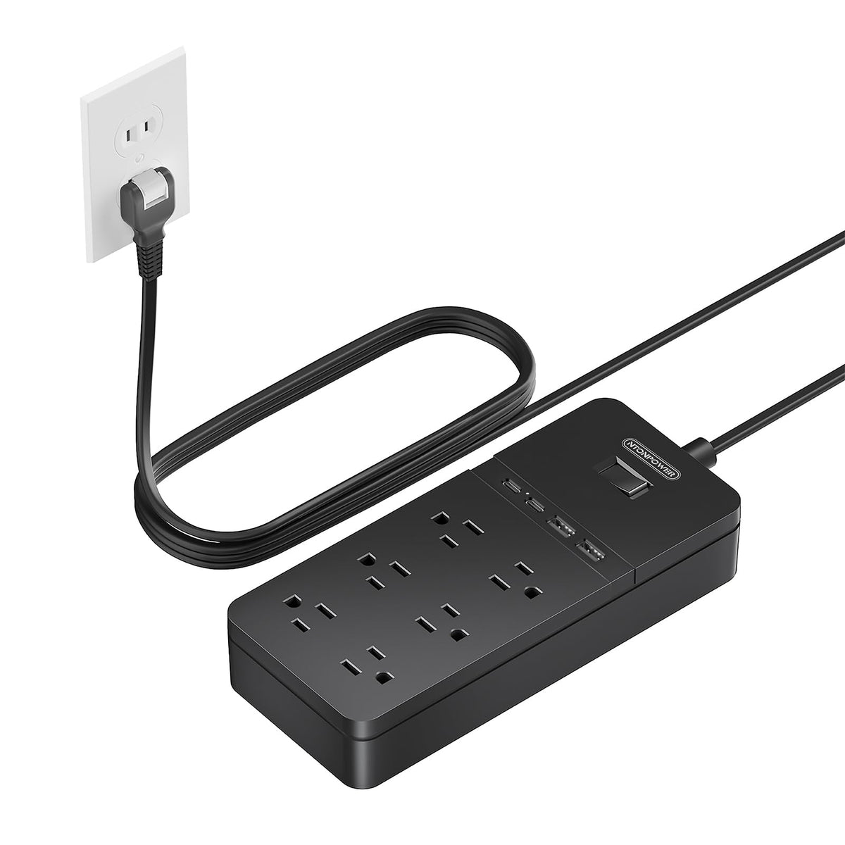 NTONPOWER front view plugged in showing six outlets and two USB ports for expanded charging