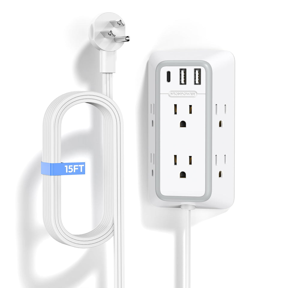NTONPOWER front view of white power strip showing outlets and USB ports, organized charging benefit