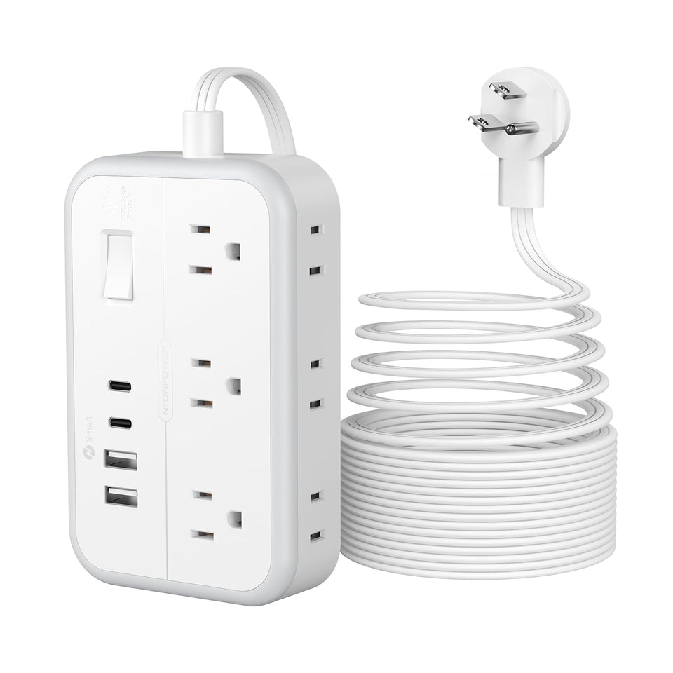 NTONPOWER front view showing six outlets and four USB ports for versatile charging