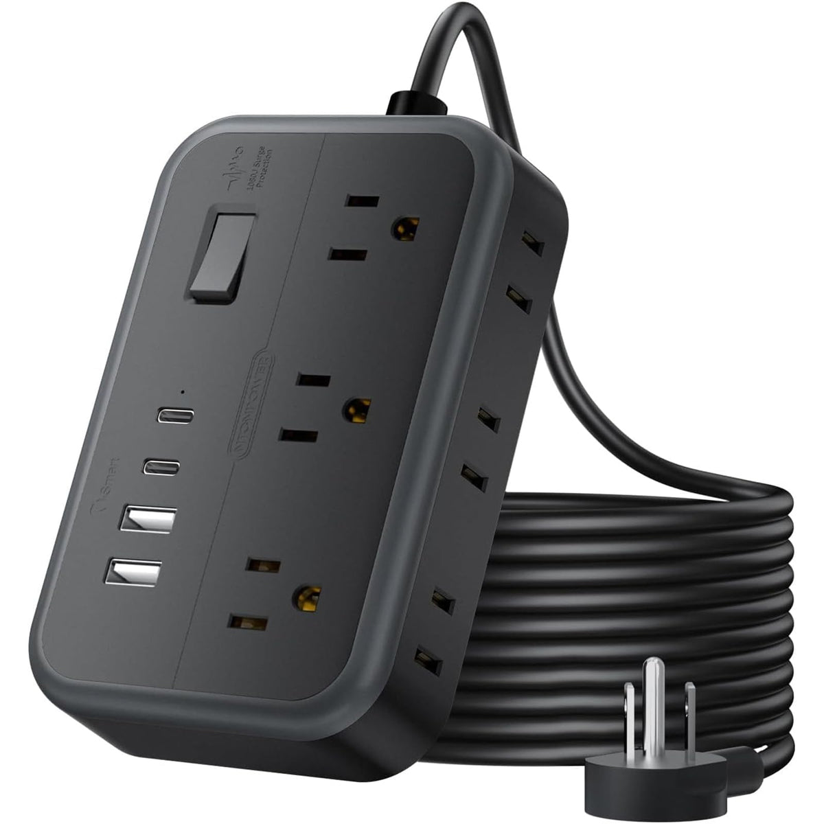 NTONPOWER front view showing six outlets and four USB ports for versatile charging