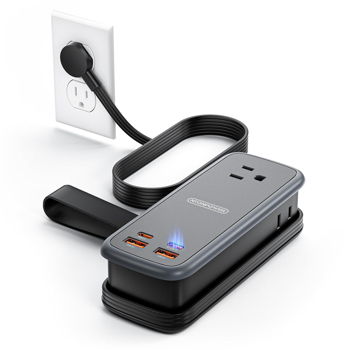 NTONPOWER front view showing outlets and USB ports for organized charging