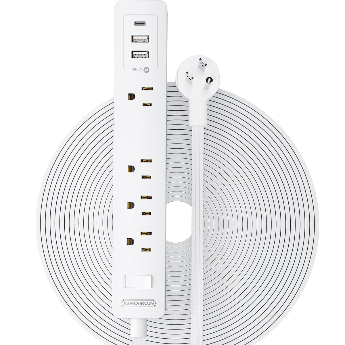 NTONPOWER front view showing four outlets and three USB ports for versatile charging