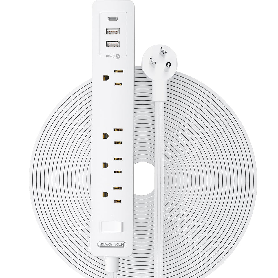 NTONPOWER front view showing four outlets and three USB ports for versatile charging