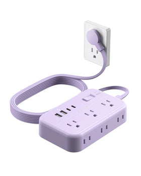 NTONPOWER front view of purple power strip showing six outlets and four USB ports for neat charging
