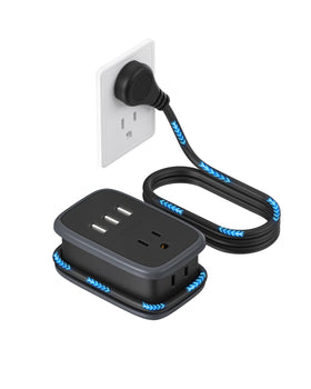 NTONPOWER front view showing compact travel power strip and benefits of multiple ports