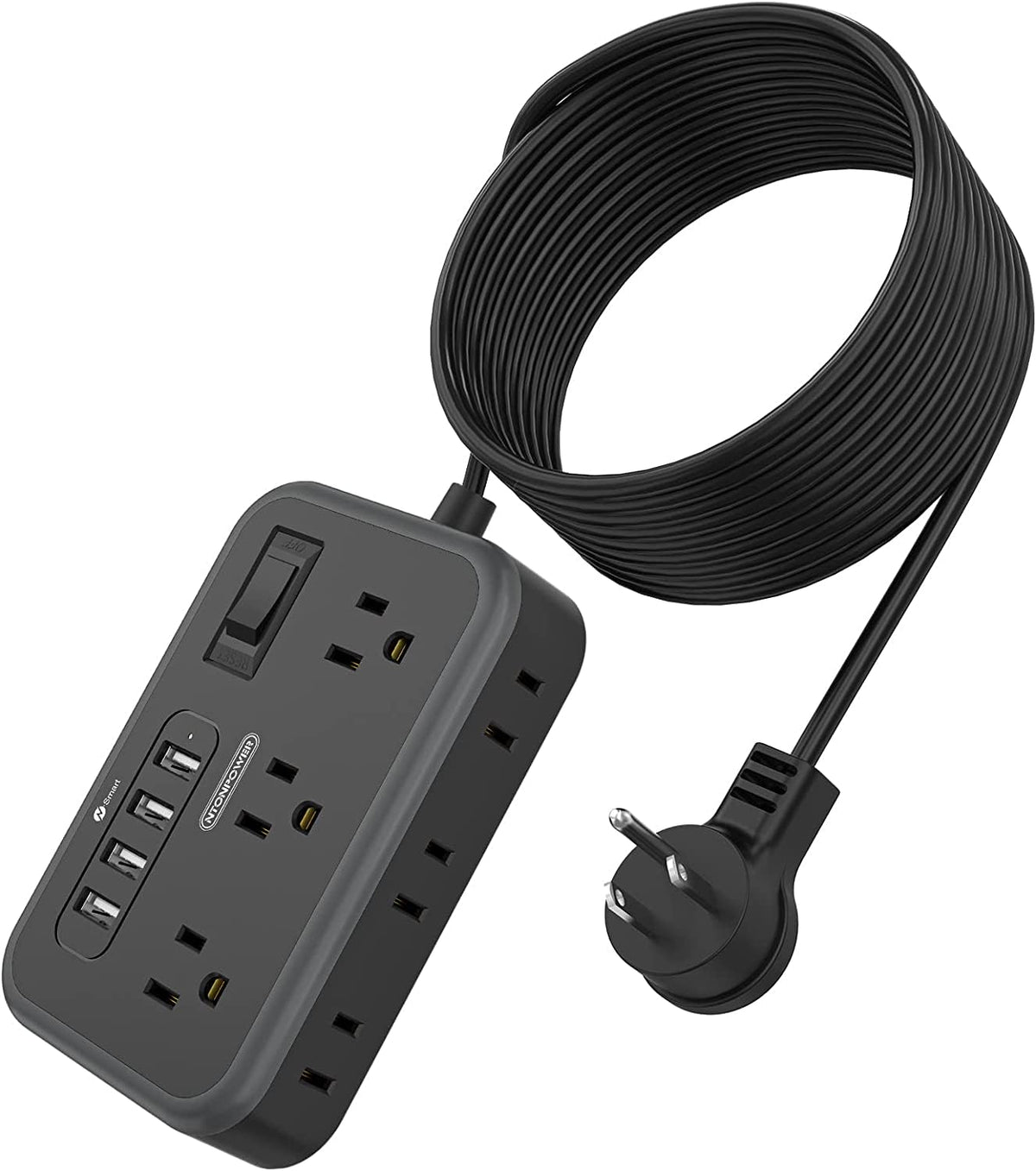 NTONPOWER front view showing six widely spaced outlets and 4 USB ports for organized charging