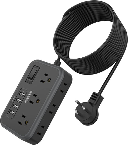 NTONPOWER front view showing six widely spaced outlets and 4 USB ports for organized charging
