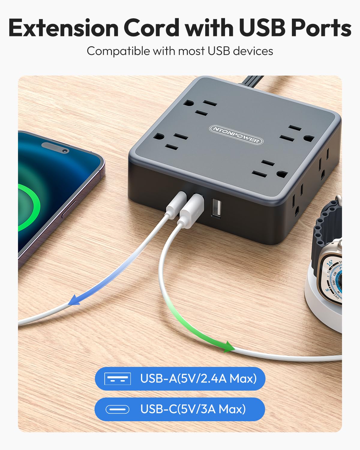 NTONPOWER power cube on a home desk powering laptop and lamp, reduces cable clutter